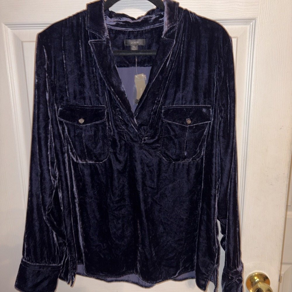 NWT J. Crew XL Velvet Popover Shirt Midnight Blue Long Sleeve Pockets